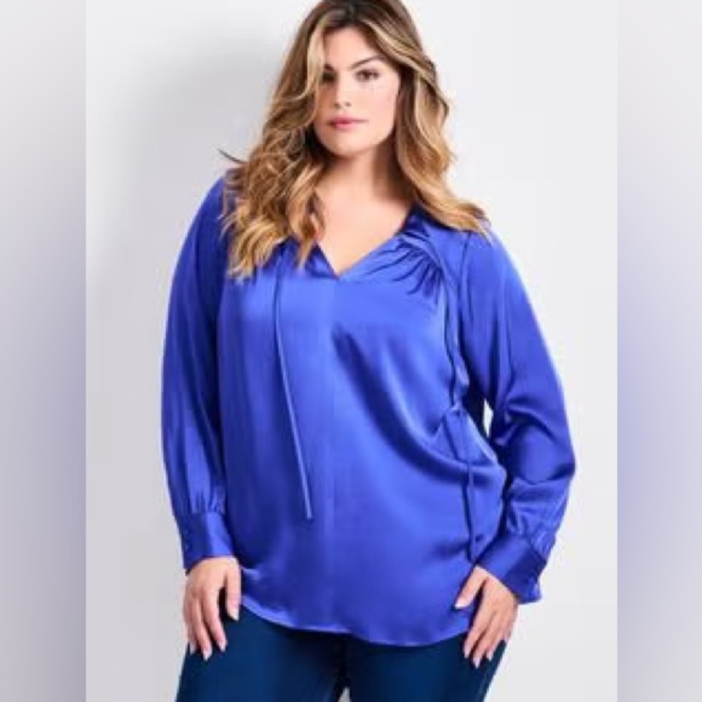 NWT Eloquii tie neckline satin blouse sz 16 cobalt - Picture 3 of 7